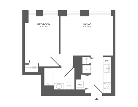 Floor plan for 1 bed, 1 bath, 522 sqft
